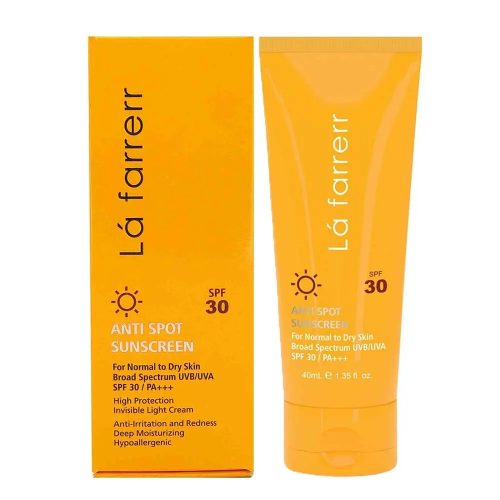 کرم ضد آفتاب و ضد لک بی رنگ SPF30 لافارر پوست خشک و معمولی 40 میلی لیتر