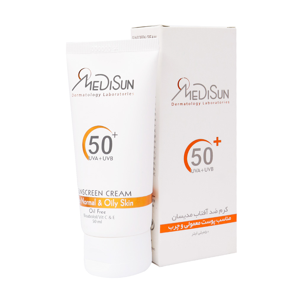 کرم ضد آفتاب بی رنگ SPF50 مدیسان پوست معمولی و چرب 50 میلی لیتر