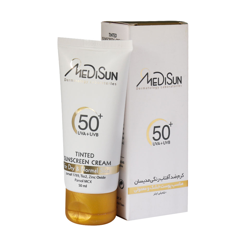 کرم ضد آفتاب رنگی SPF50 مدیسان پوست معمولی و خشک 50 میلی لیتر